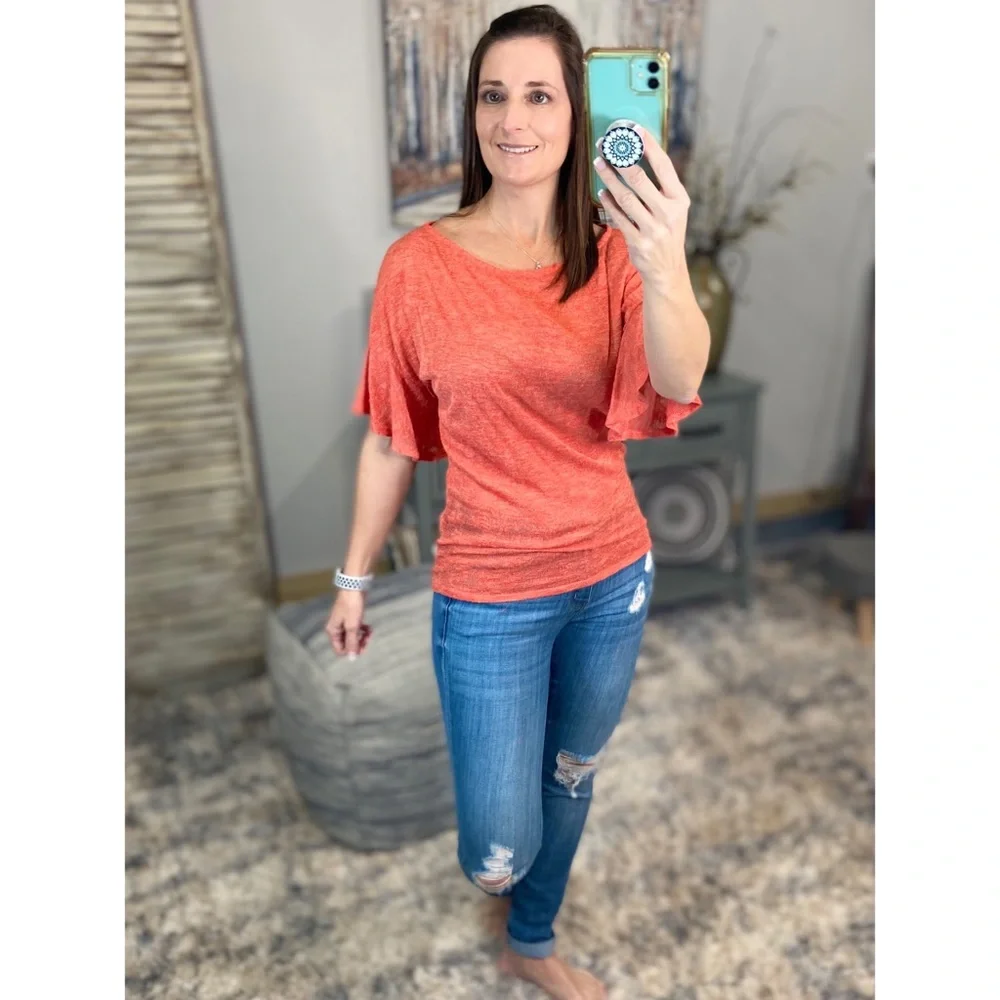 ❤️‍🔥Boat Neck Short Ruffle Bell Dolman Sleeve Top Coral 0922 - Picture 8 of 14